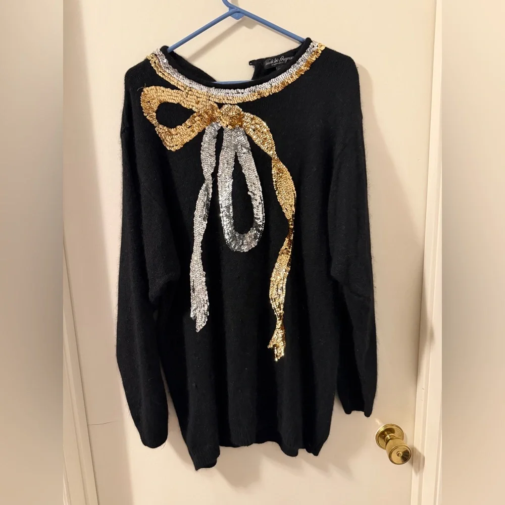 Vintage 80s Gladys Bagley Silk Angora Nylon Wool Blend Black Sequin Bow Sweater